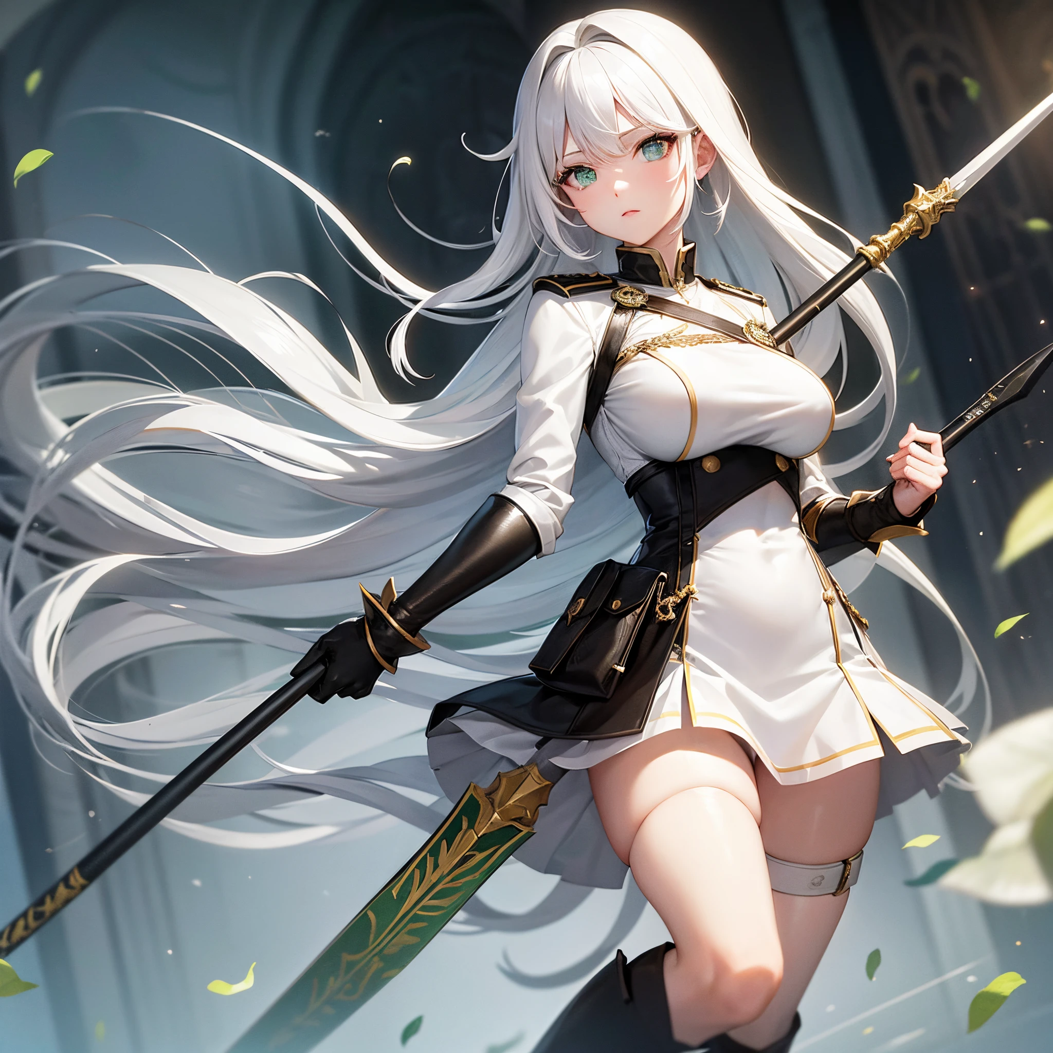 White hair, green eyes, beautiful girl, b cup, white uniform, black skirt, black boots, spear in hand