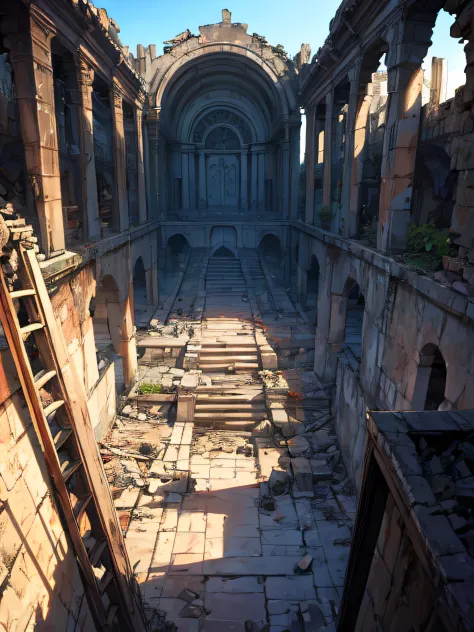 hellish ruins scenery background, destroyed structures, um trono de ossos no centro da imagem