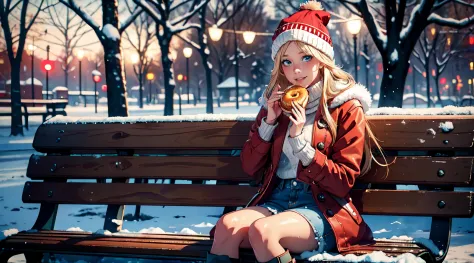 young woman, eating donut in the park, steam from the mouth, satisfied face, red cheek, red nose, hat, long blonde hair, denim c...