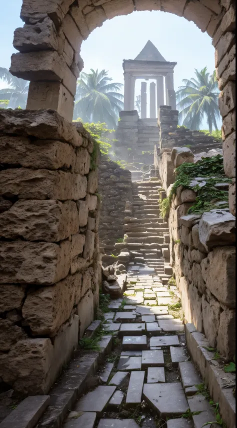 cinematic exploration of an ancient egyptian tribal settlement in ruins, with dappled sunlight filtering through the structures,...