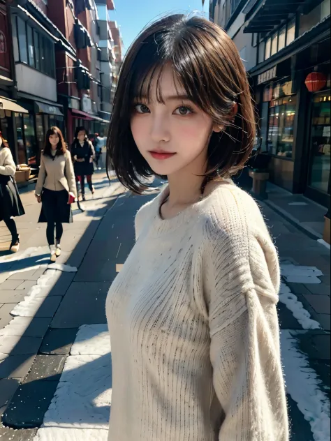 shopping street with falling snow、winter jumper、 top-quality、hyper hd、奈良美智, japanese models, beautiful japan girl, with short ha...