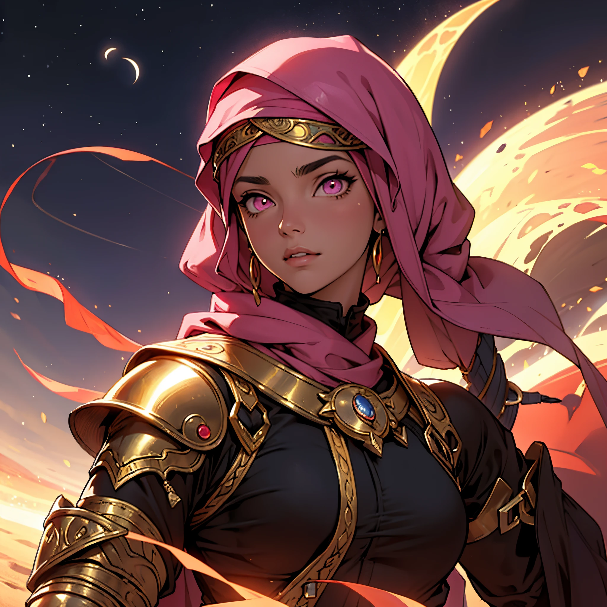 ​masterpiece, Best Quality, 4k, Very detailed, Background with: Oasis under the crescent moon in the desert night, Moroccan middle-aged female warrior wearing Islamic armor(1 person), pink hijab, Pink eyes, Fantasy, The perfect human body, flame, sandstorm,