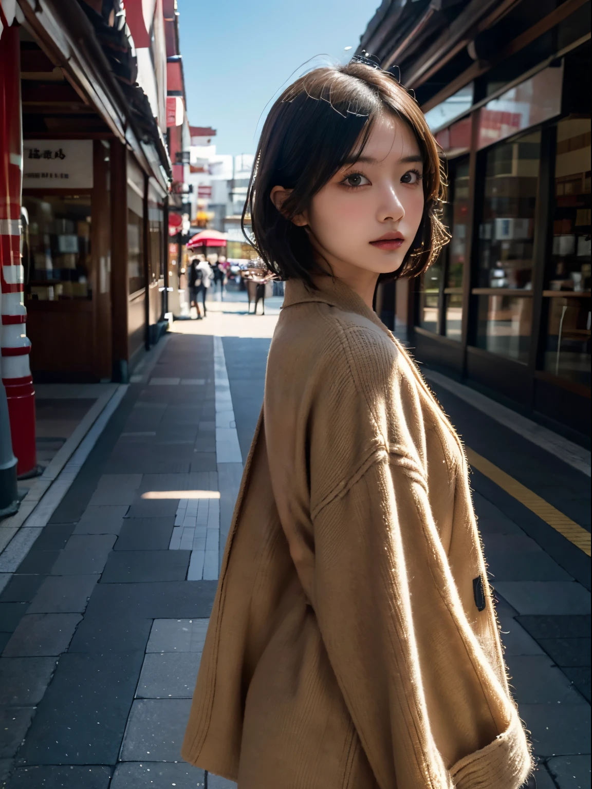 Passeie pela rua comercial、Retrato de uma mulher com um casaco, qualidade máxima、hiper HD、Yoshitomo Nara, Modelos Japoneses, Linda garota japonesa, com cabelo curto, Modelo feminina de 27 anos, 4k ], 4K], 27 anos, sakimichan, sakimichan