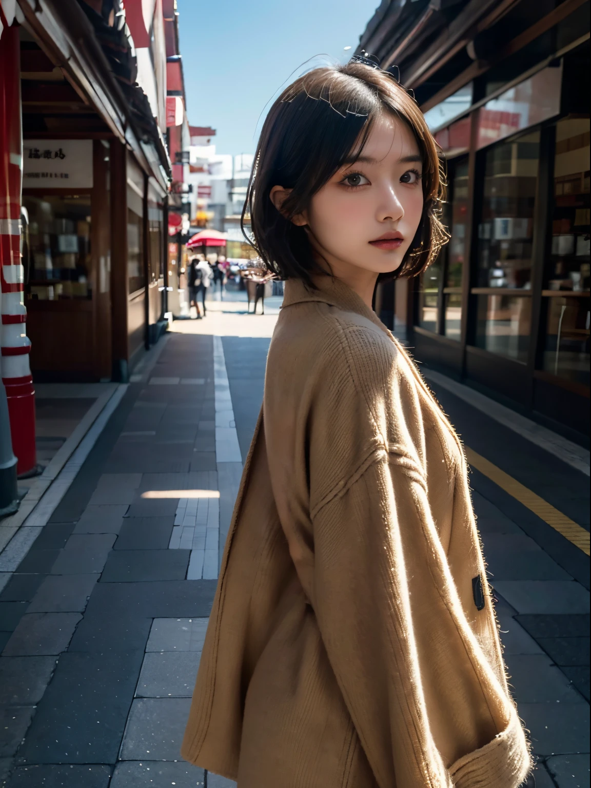 Stroll through the shopping street、Portrait of a woman in a coat, top-quality、hyper HD、奈良美智, Japanese Models, Beautiful Japan Girl, With short hair, 27-year-old female model, 4 k ], 4K], 27yo, sakimichan, sakimichan