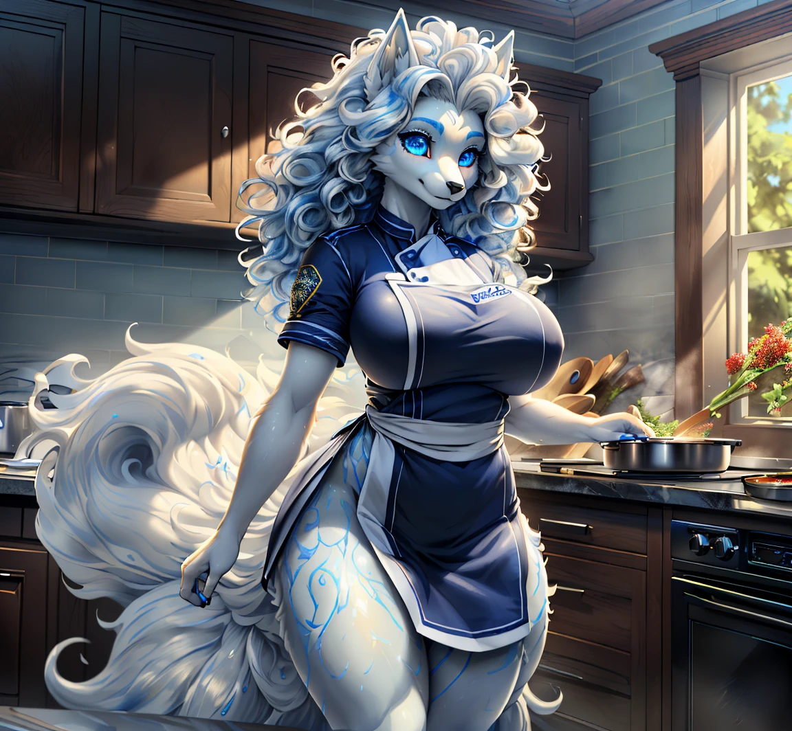 1girl ((Made by Complextree)), (Alolan Ninetales), ((solo)), ((big and firm breasts, antrum, extremely detailed, extremely detailed legs, extremely detailed arms, extremely detailed face, perfectly detailed eyes,perfectly detailed anatomy, Curly hair, Wearing Chefs Uniform, Modern Kitchen))
