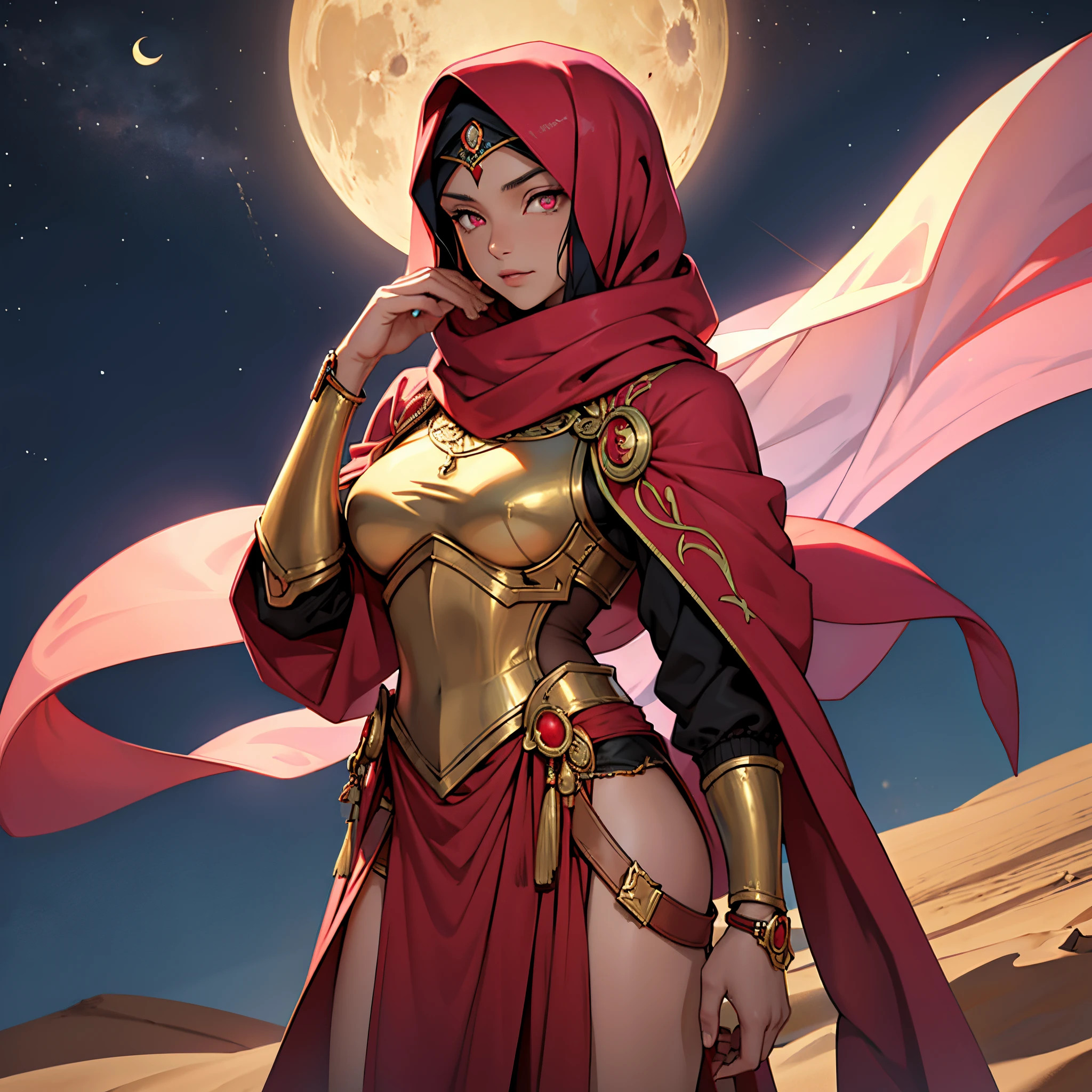 ​masterpiece, Best Quality, 4k, Very detailed, Background with: Oasis under the crescent moon in the desert night, Moroccan mature woman wearing Persian armor, red hijab, Pink eyes, The perfect human body, flame