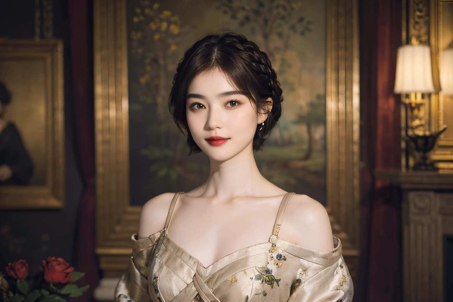 117
(a 20 yo woman,is standing), (A hyper-realistic), (high-level image quality), ((beautiful hairstyle 46)), ((short-hair)), (Gentle smile), (breasted:1.1), (lipsticks), (florals), (Light and Darkness), (rembrandt painting), (Luxurious room)