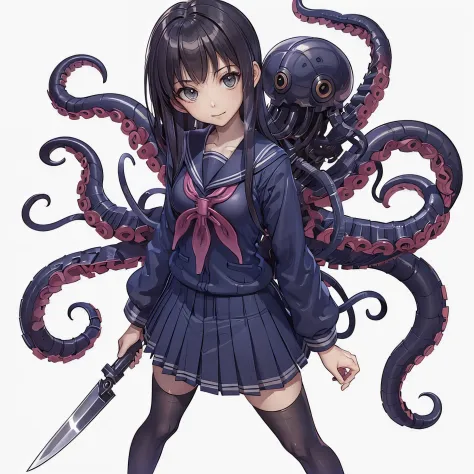 A girl with tentacles. She is a mechanical tentacle. A knife at the tip of the tentacle. Japanese school uniform.