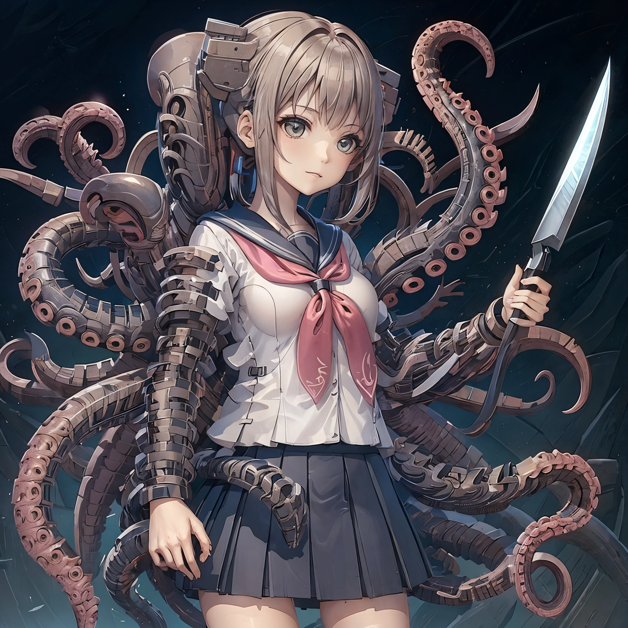 Una niña con tentáculos.. Ella es un tentáculo mecánico.. Un cuchillo en la punta del tentáculo.. japonés .