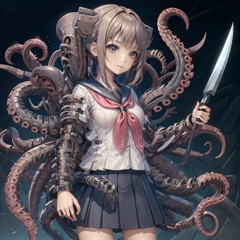 A girl with tentacles. She is a mechanical tentacle. A knife at the tip of the tentacle. Japanese school uniform.