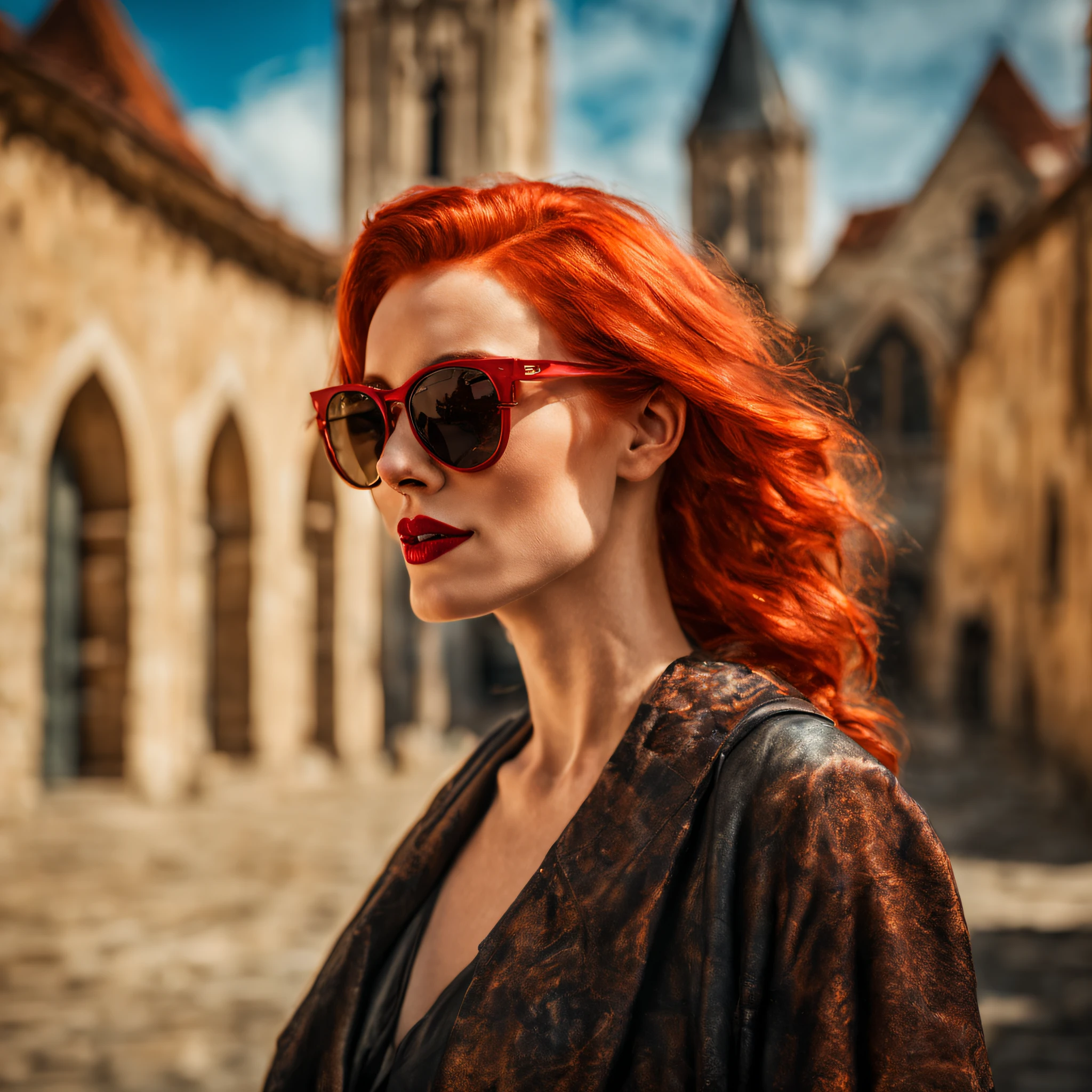 a beautiful red-haired woman with red lipstick and sunglasses, com expressionista, estilo medieval, variation style done by Neil Blevins, meio da viagem, 8k.