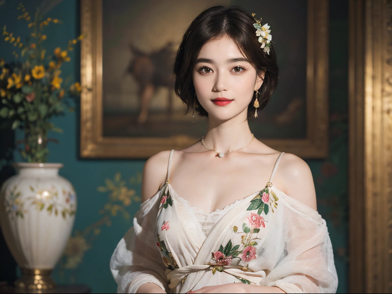 117
(a 20 yo woman,is standing), (A hyper-realistic), (high-level image quality), ((beautiful hairstyle 46)), ((short-hair)), (Gentle smile), (breasted:1.1), (lipsticks), (florals), (Light and Darkness), (rembrandt painting), (Luxurious room)