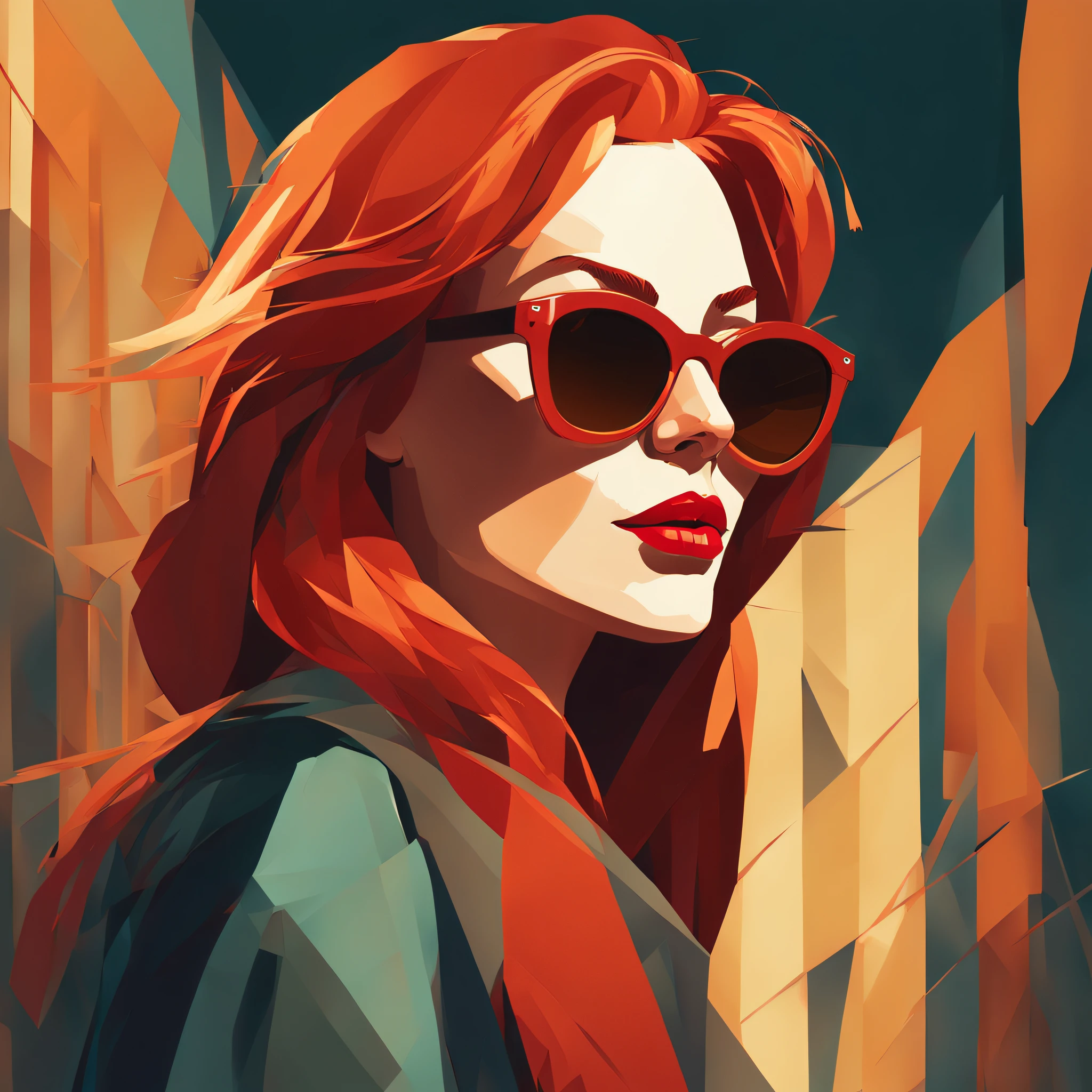 a beautiful red-haired woman with red lipstick and sunglasses, com expressionista, estilo medieval, illustration style done by Liam Brazier, no meio da jornada, 8k.