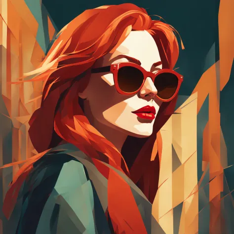 a beautiful red-haired woman with red lipstick and sunglasses, com expressionista, estilo medieval, illustration style done by L...