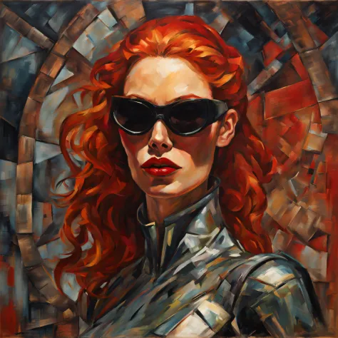 a beautiful red-haired woman with red lipstick and sunglasses, in cyber clothes, com expressionista, estilo medieval, estilo de ...