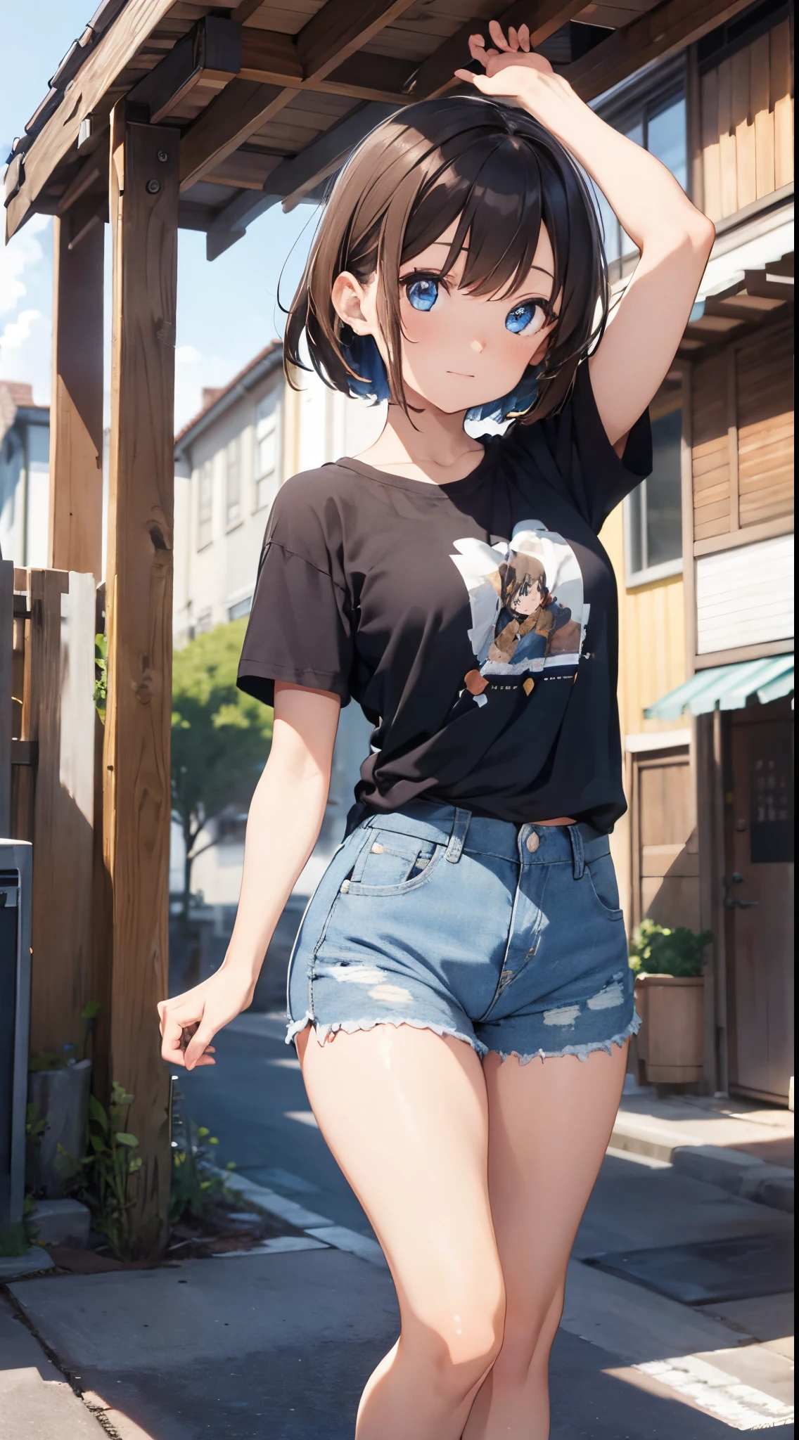 Anime girl in short shorts and a t - shirt walking down a street - SeaArt AI