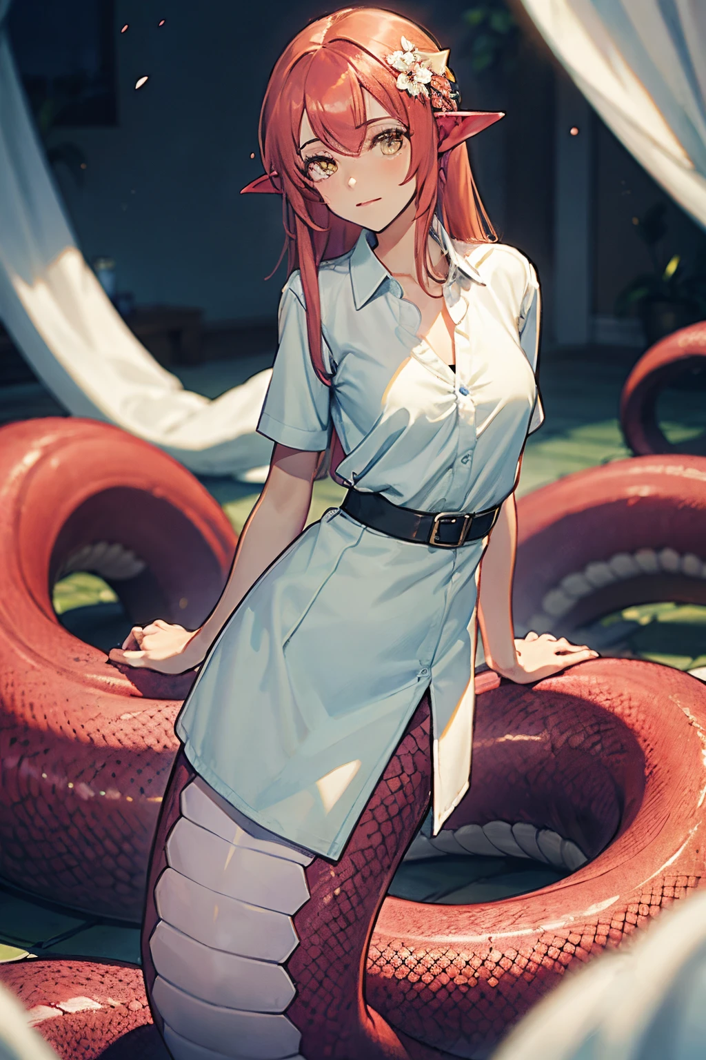 Anime girl in a white dress standing in a pool with a snake - SeaArt AI