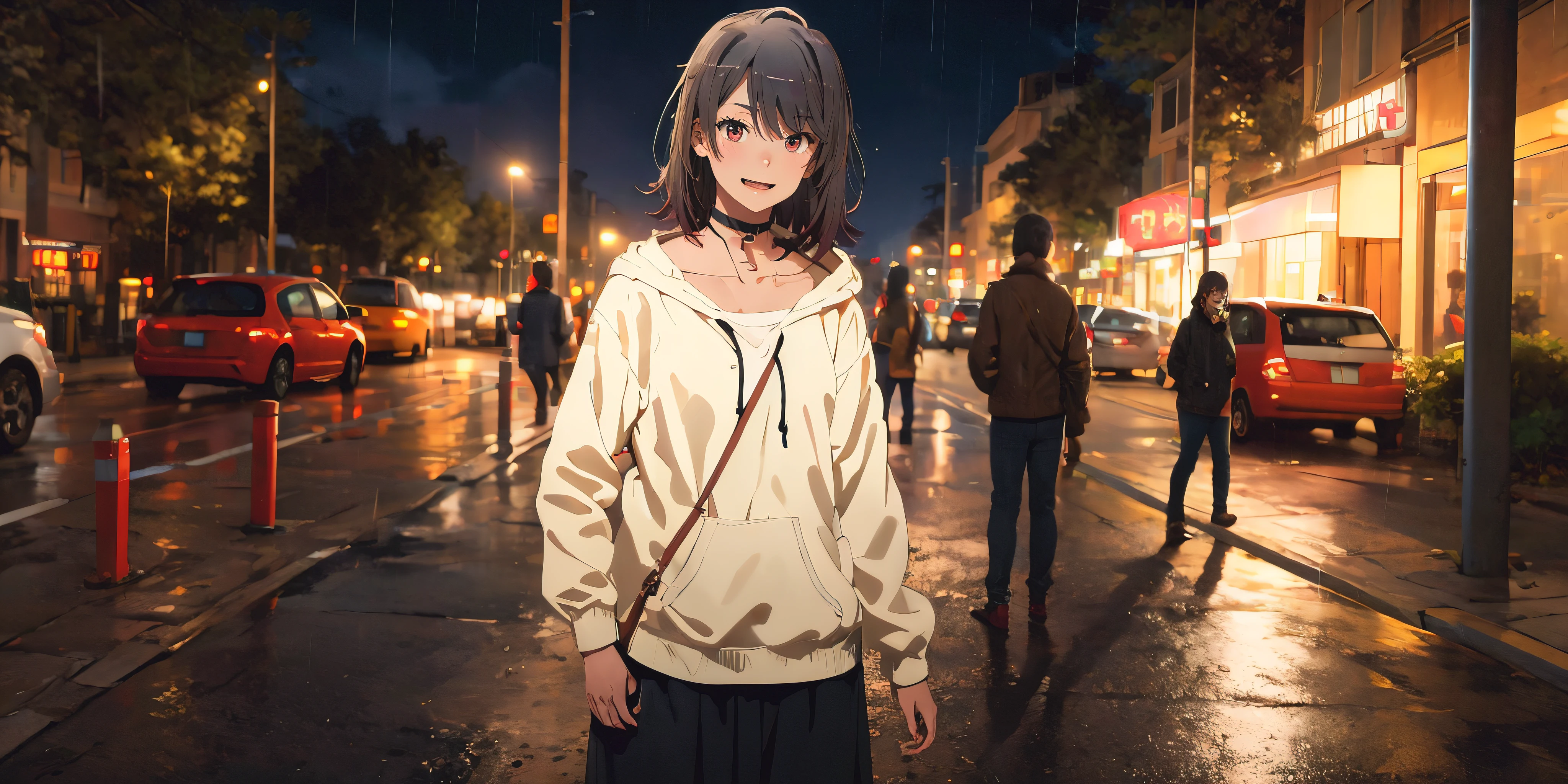 anatomically correct, best quality, masterpiece, high quality, high details, highres, HD, (shaded face:1.2), hollow eyes, maroon eyes, looking at viewer, heavy breathing, smirk, upper teeth, black hair, short hair, night, ground_vehicle, blue_eyes, motor_vehicle, 1girl, car, standing, choker, collarbone, long_hair, looking_at_viewer, rain, sky, night_sky, outdoors, lamppost, eyebrows_visible_through_hair, sign, road, long_sleeves