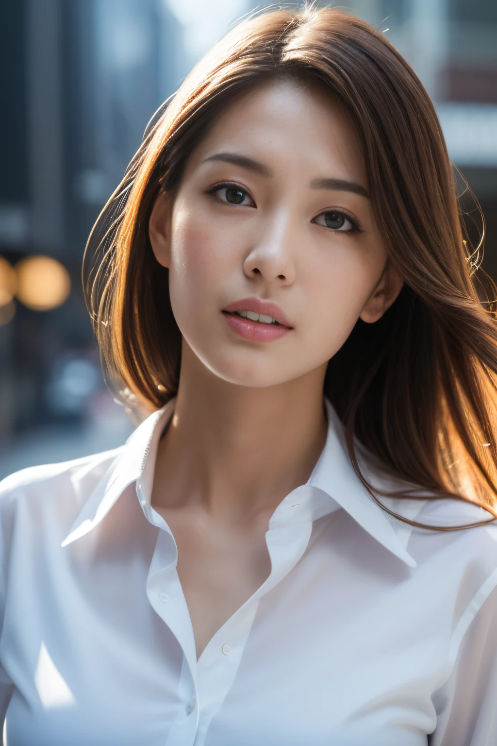 Best Quality, 8k wallpaper, masutepiece, Perfect figure, Beautuful Women, frontage, Look at viewers, Slim abs, dark brown  hair, Colossal , White collared shirt, Not exposed, Natural light, the city street, Highly detailed facial and skin texture, A detailed eye