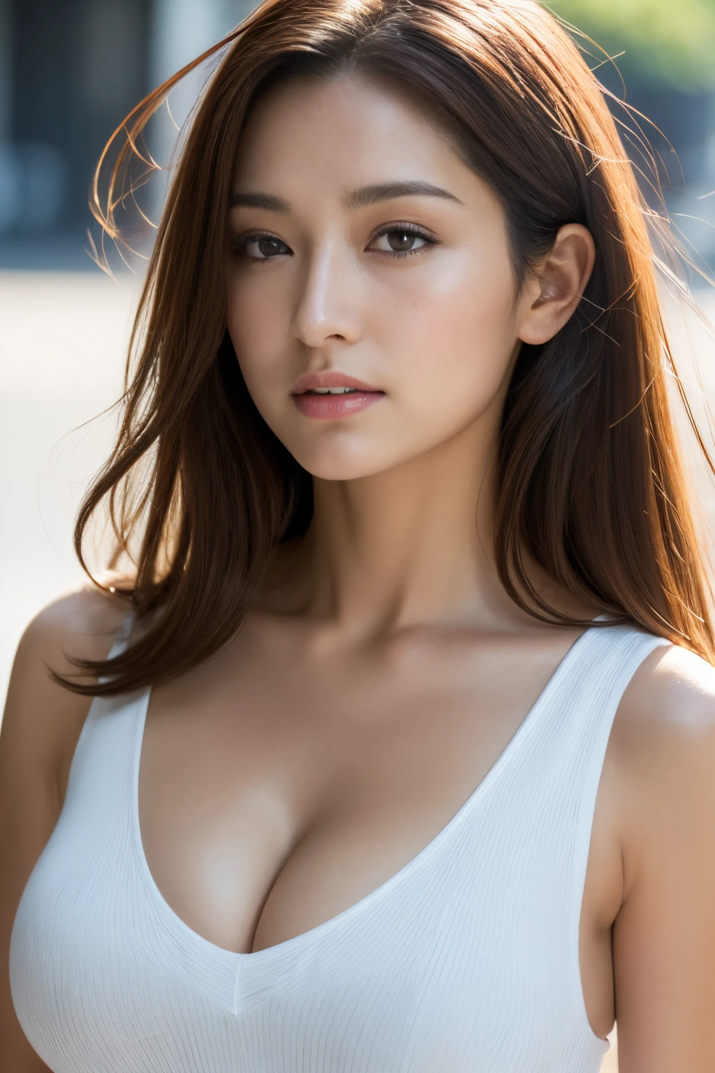Best Quality, 8k wallpaper, masutepiece, Perfect figure, Beautuful Women, Photo from the front, Look at viewers, Slim abs, dark brown  hair, Colossal , V-neck shirt, cleavage of the breast, Not exposed, Natural light, the city street, Highly detailed facial and skin texture, A detailed eye