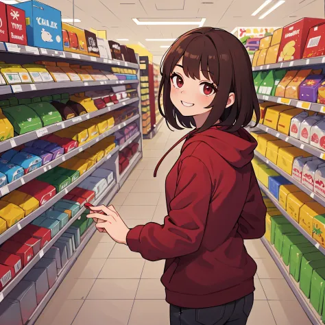 1girl, wolfcut hairstyle, brown hair with red inside, maroon eyes, wearing a gray hoodie, teenager, smile, at supermarket, alone