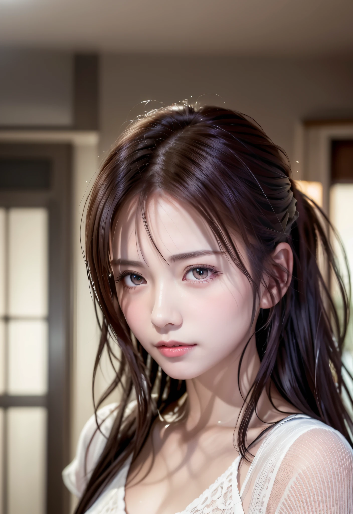 8K, of the highest quality, masutepiece:1.2), (Realistic, Photorealsitic:1.37), of the highest quality, masutepiece, Beautiful young woman, Pensive expression, Gentle eyes, Cute Nightgown、full of shyness、Hair tied back, Messy mood, Cinematic background,  Light skin tone