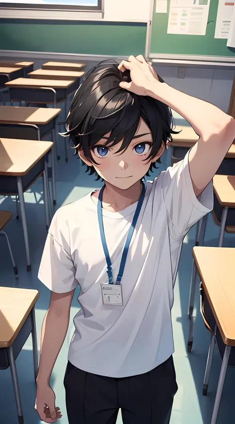 1boy, young male, age 12, black hair, happy, solo, detailed eyes, clear eyes, quality eyes, masterpiece, (untuckedshirt:1.2), un...