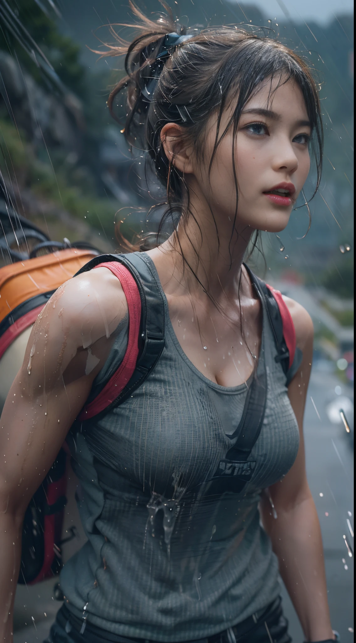 8k, top-quality, （pubic hair beauty）、hight resolution, 逼真, realperson, A beautiful muscular woman is carrying a large amount of luggage with special equipment on her back on a beautiful mountain road in the Alps where it is raining heavily.、((I&#39;m desperately rushing and running as fast as I can))、Hurry、((Fleeing))、He wears tight shorts and a T-shirt that is so short that his stomach is exposed.、(My hair is soaked from the rain)、huge tit、A large amount of raindrops on the cleavage、Death Stranding