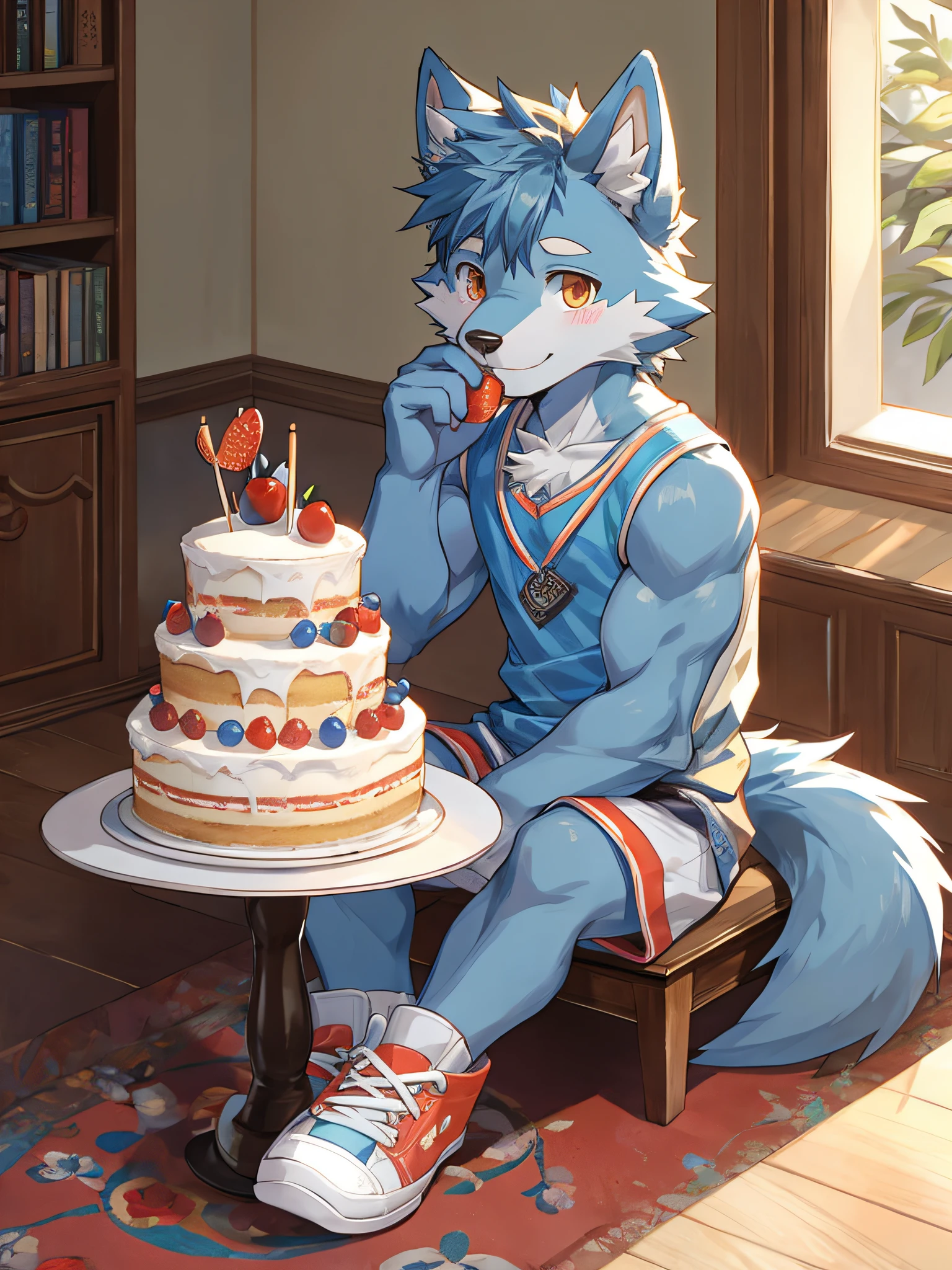 furry , bara ,light blue wolf,blue pattern,Dark orange eyes,Slight muscles,,Try fashionable sneakers,cute face,Shy face.,Sitting in the room eating cake,Shota