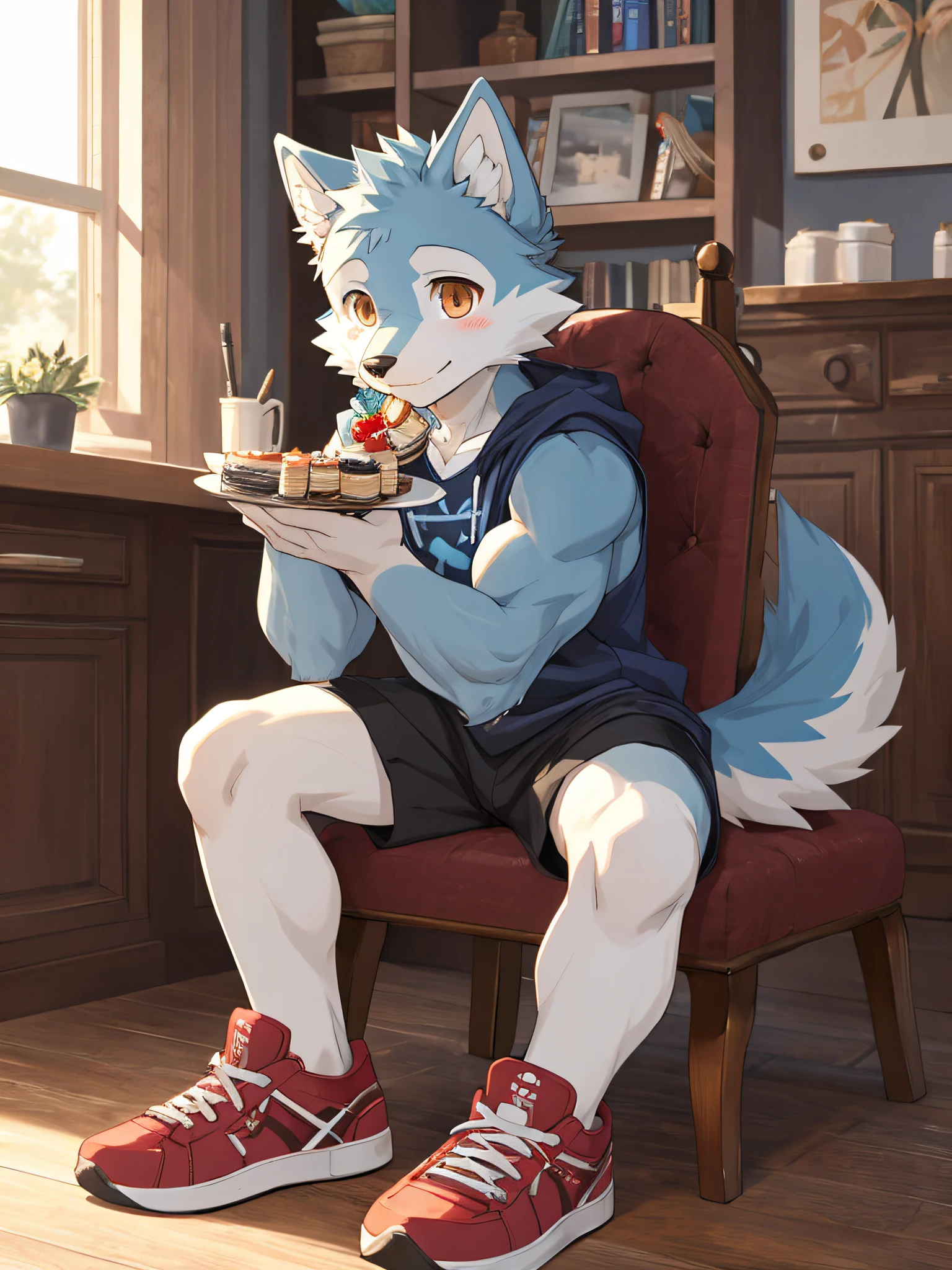 furry , bara ,light blue wolf,blue pattern,Dark orange eyes,Slight muscles,,Try fashionable sneakers,cute face,Shy face.,Sitting in the room eating cake,Shota