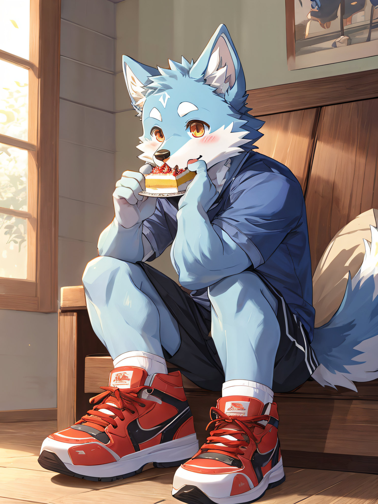 furry , bara ,light blue wolf,blue pattern,Dark orange eyes,Slight muscles,,Try fashionable sneakers,cute face,Shy face.,Sitting in the room eating cake,Shota