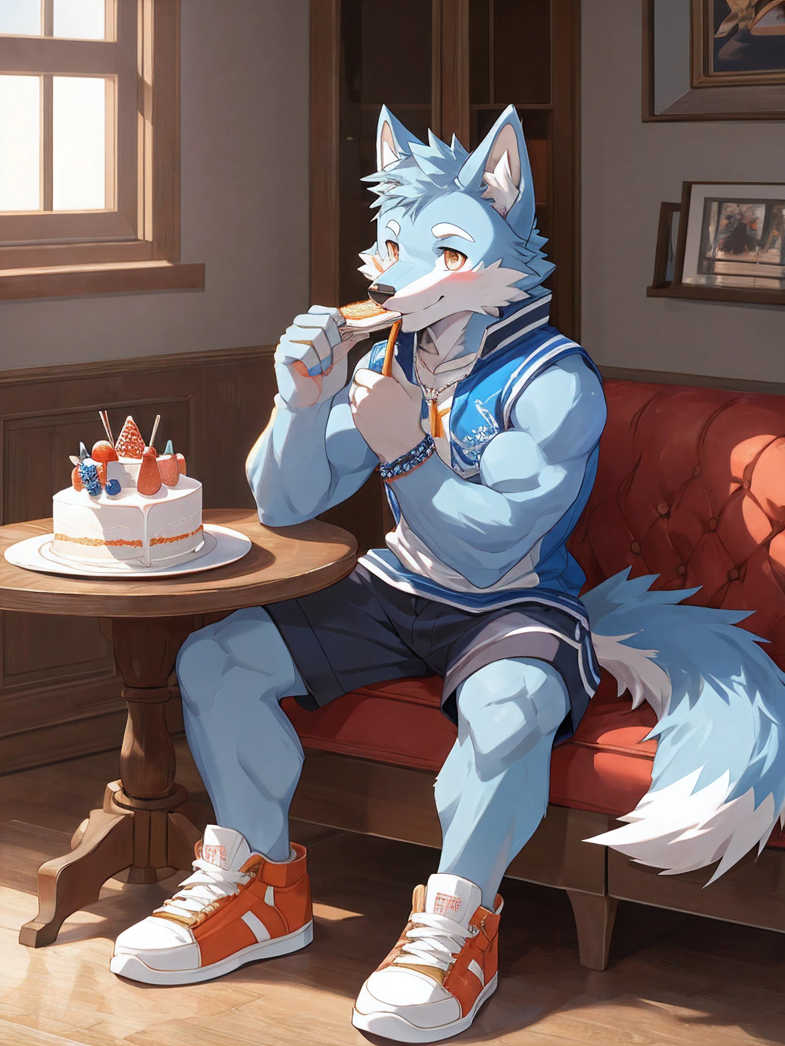 furry , bara ,light blue wolf,blue pattern,Dark orange eyes,Slight muscles,,Try fashionable sneakers,cute face,Shy face.,Sitting in the room eating cake,Shota(Maximum resolution)