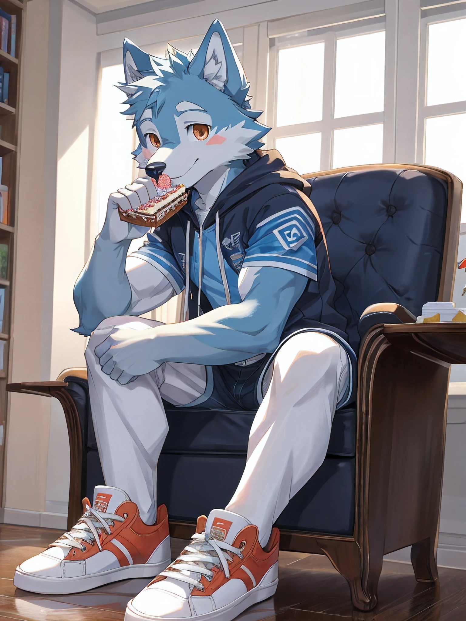 furry , bara ,light blue wolf,blue pattern,Dark orange eyes,Slight muscles,,Try fashionable sneakers,cute face,Shy face.,Sitting in the room eating cake,Shota(Maximum resolution)