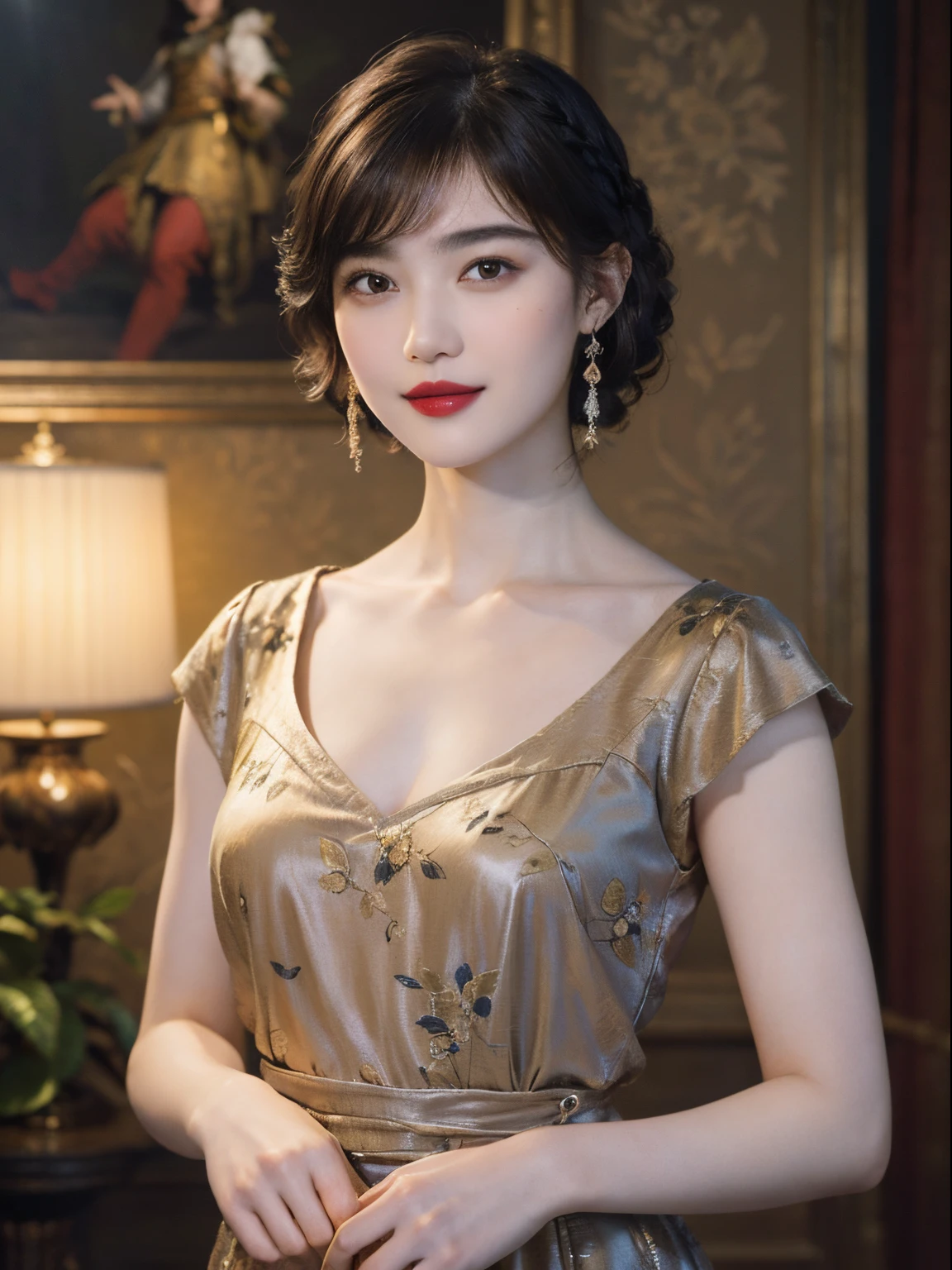 117
(a 20 yo woman,is standing), (A hyper-realistic), (high-level image quality), ((beautiful hairstyle 46)), ((short-hair)), (Gentle smile), (breasted:1.1), (lipsticks), (florals), (Light and Darkness), (rembrandt painting), (Luxurious room)