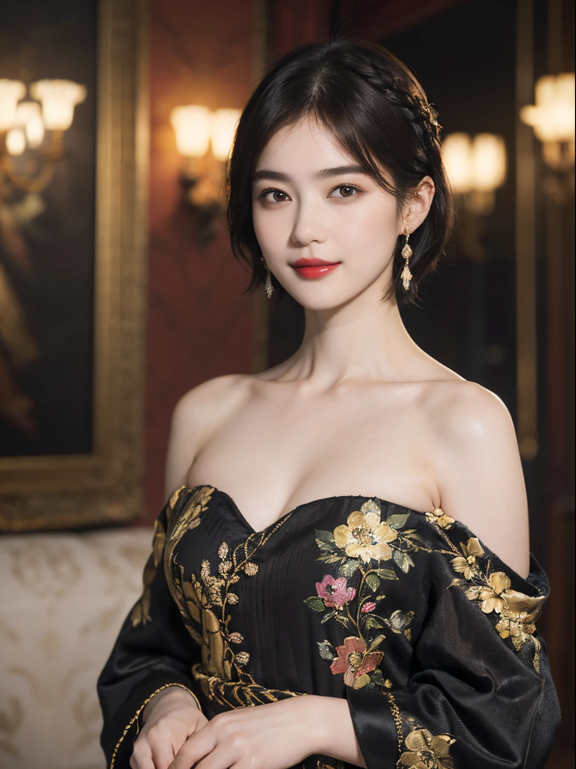 117
(a 20 yo woman,is standing), (A hyper-realistic), (high-level image quality), ((beautiful hairstyle 46)), ((short-hair)), (Gentle smile), (breasted:1.1), (lipsticks), (florals), (Light and Darkness), (rembrandt painting), (Luxurious room)