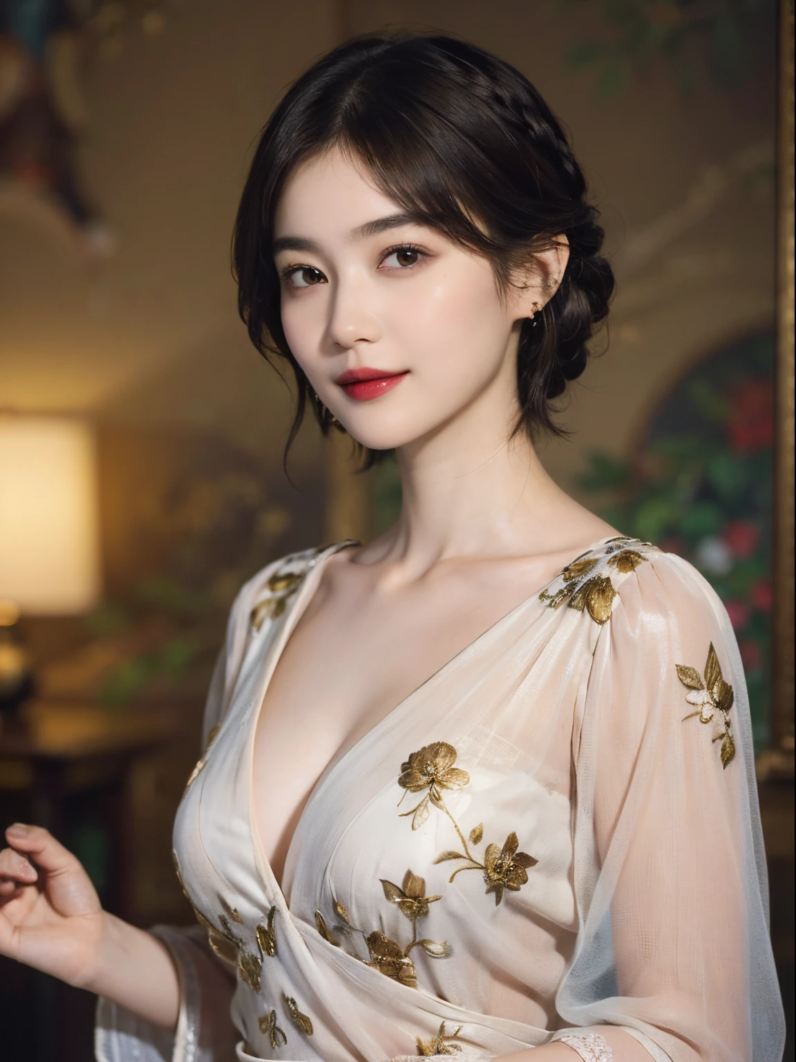 117
(a 20 yo woman,is standing), (A hyper-realistic), (high-level image quality), ((beautiful hairstyle 46)), ((short-hair)), (Gentle smile), (breasted:1.1), (lipsticks), (florals), (Light and Darkness), (rembrandt painting), (Luxurious room)