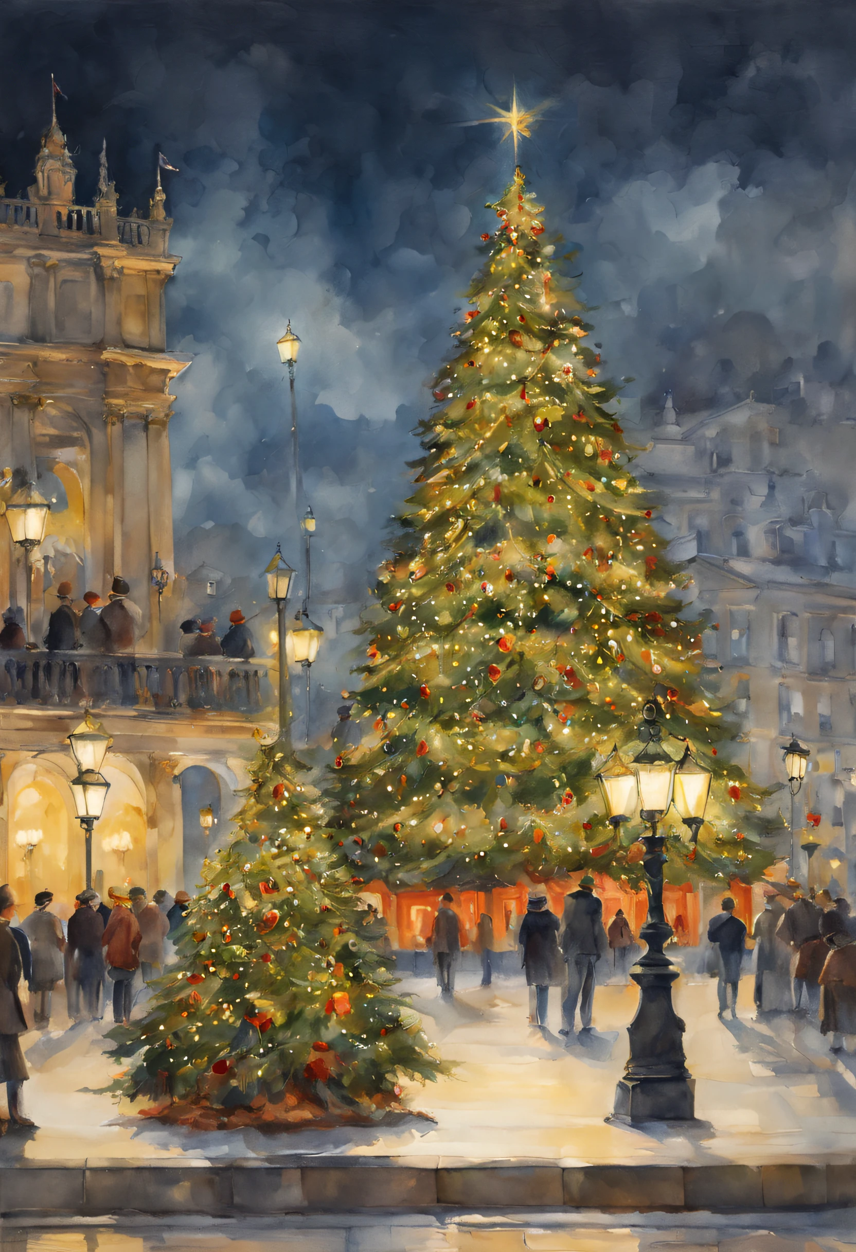 (Aquarell im Sargent-Stil)、(höchste Qualität、Meisterwerk)  Sanftes Licht , Quadrat mit weihnachtlichen Motiven verziert , in der Mitte des Platzes ein riesiger Weihnachtsbaum , Die Lichter der Laternen erhellen den Platz mit wenigen Menschen warm