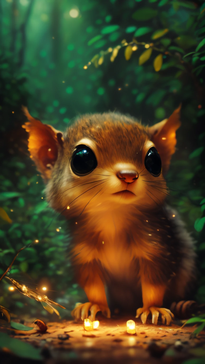 Close up of cute tiny fireflies, furry tail, Squirrel, tasseled ears, illuminate the bush, a detailed painting, cgsociety, Detailed painting, artstation hd, high detail, cgsociety, photo realism, Concept art, artstation hd, official arts, bokeh, 真实感, Realism, Squirrel, tasseled ears, holding a nut in his paws, acorn, tmasterpiece, Brad Jongsan walks in the jungle (Night of the Fireflies), (higly detailed: 1 1), rough face, natural skin, hiquality, NSFW, pretty eyes, (Detailed face and eyes), (s face: 1 2), tumult, Complementary, real-photo, .....PSD, Lightweight Film Photography, sharp-focus, contrast lighting, Detail Skin, high resolution 8k, Crazy detailing, Realistic, professional photo of a, 8K UHD, dslr, soft light, hiquality, film grains, Fujifilm XT3