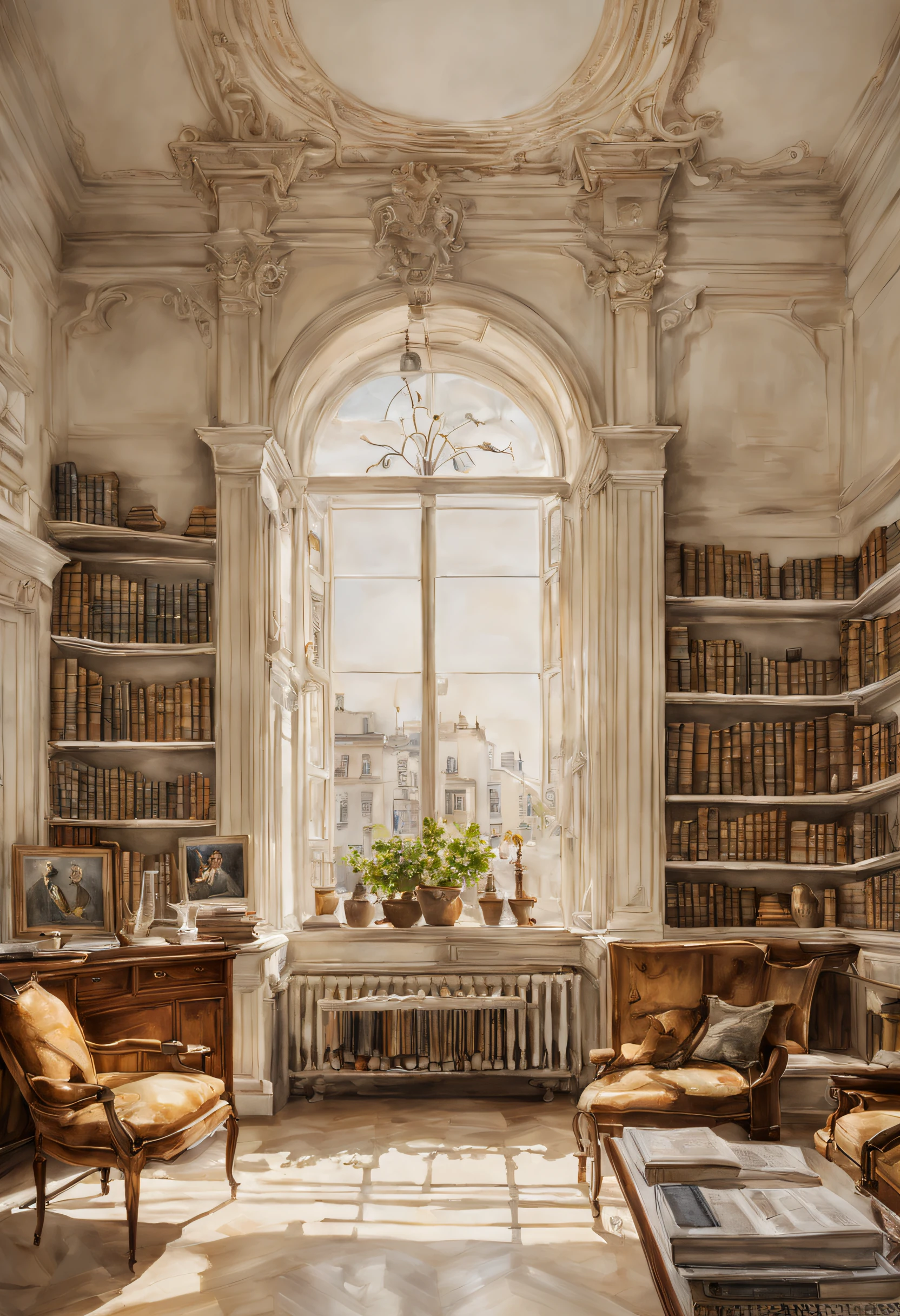 (Acuarela en estilo Sargent)、(de la máxima calidad、obra maestra) luz , oficina elegante con muchos libros , edificio viejo con una chimenea