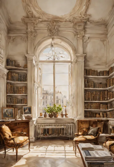 (Acuarela en estilo Sargent)、(highest quality、obra maestra) daylight , oficina elegante con muchos libros , edificio viejo con u...