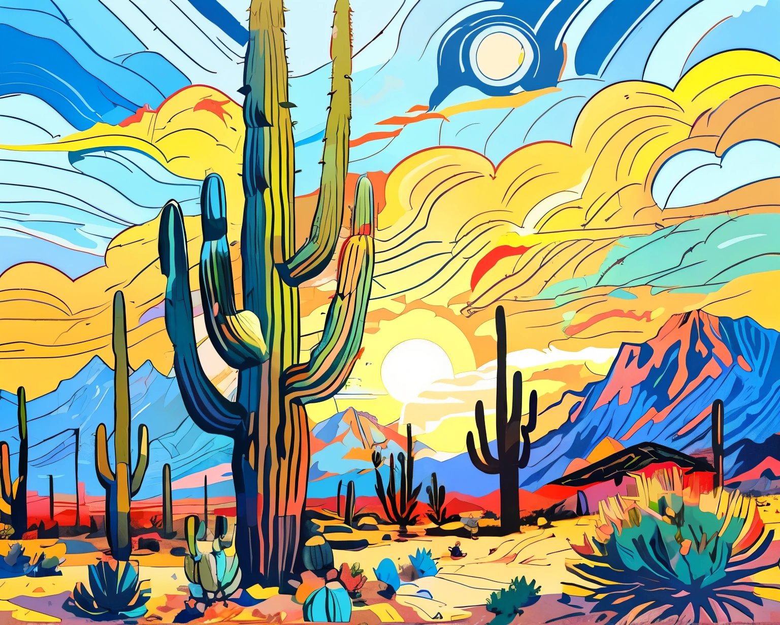 a painting of a desert scene with a cactus and mountains, painting in the style of ed mell, arizona desert, by Nancy Carline, desert colors, by Michael Sutfin, saguaro cacti, mexican desert, by Wylie Beckert, saguaro, desert scene, new mexican desert background, sunset in the desert, desert composition, by Tom Wänerstrand, flat vector art, masterpiece, 8k, highest quality, painting of 1 big saguaro cactus in the desert at afternoon time, wonderful colors of a desert sunset, linear design, linear drawing, vintage, van gogh style,v0ng44g,Flat Design,ghibli,vector art illustration,Leonardo Style,Flat vector art