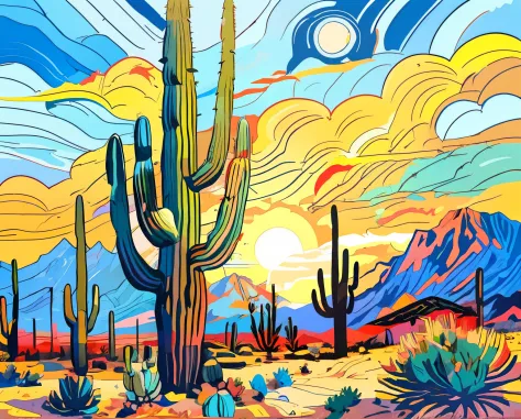 a painting of a desert scene with a cactus and mountains, painting in the style of ed mell, arizona desert, by nancy carline, de...