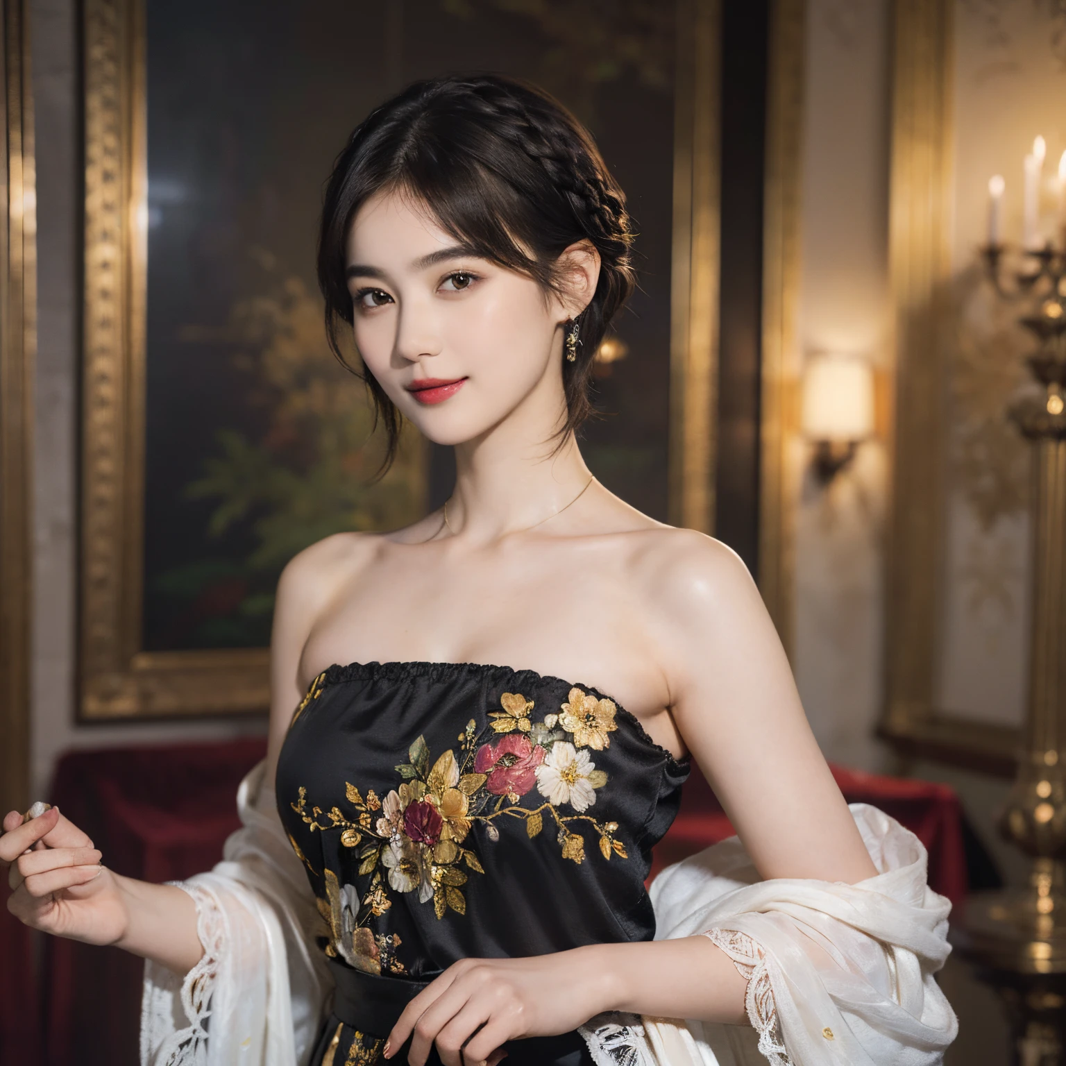 117
(a 20 yo woman,is standing), (A hyper-realistic), (high-level image quality), ((beautiful hairstyle 46)), ((short-hair)), (Gentle smile), (breasted:1.1), (lipsticks), (florals), (Light and Darkness), (rembrandt painting), (Luxurious room)