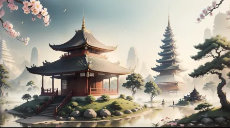 there is a drawing of a building with a lot of flowers, temple background, digital painting of a pagoda, intricately detailed bu...