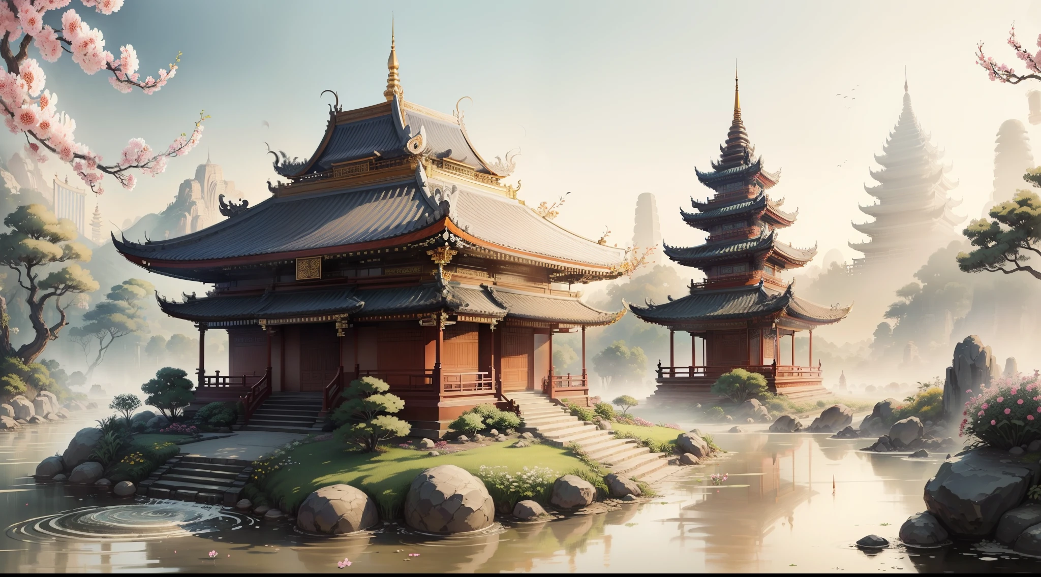 there is a drawing of a building with a lot of flowers, temple background, digital painting of a pagoda, intricately detailed buildings, the grand temple of flowers, buddhist architecture, the temple of truth is white, background depicting a temple, thailand art, buddhist temple, vietnamese temple scene, intricate ink painting, beautiful render of tang dynasty, highly detailed digital artwork