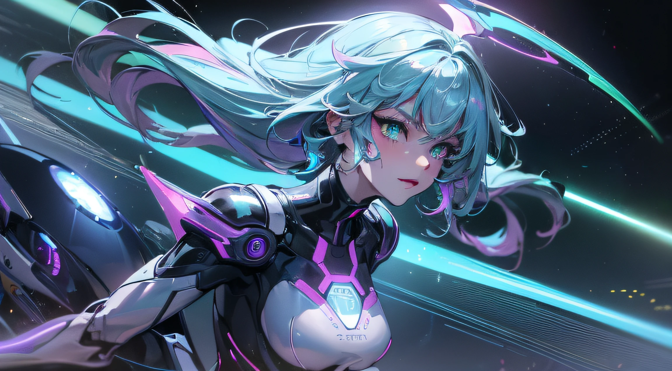 ((high res, HDR, HD, Ultra sharp, 8k)), glamour photography photo of a girl with generous round breasts with long blonde layered hair with bangs, (blue innerhair), wearing a purple light emitting mecha bodysuit, glossy suit, she has a very detailed face, cute smile, (electric blue eyelashes), eyeliner and glowing round detailed (radiant green eyes), Cybernetic, Futuristic, light emitting purple body suit,(((bold demeanor, classy pose))), neon, hyperrealist ultra detailed space background, slim and smooth lines, fill lighting , ((dutch angle)), ARRI ALEXA 65,Kodak Vision3,Voigtländer Nokton 50mm f1.1,