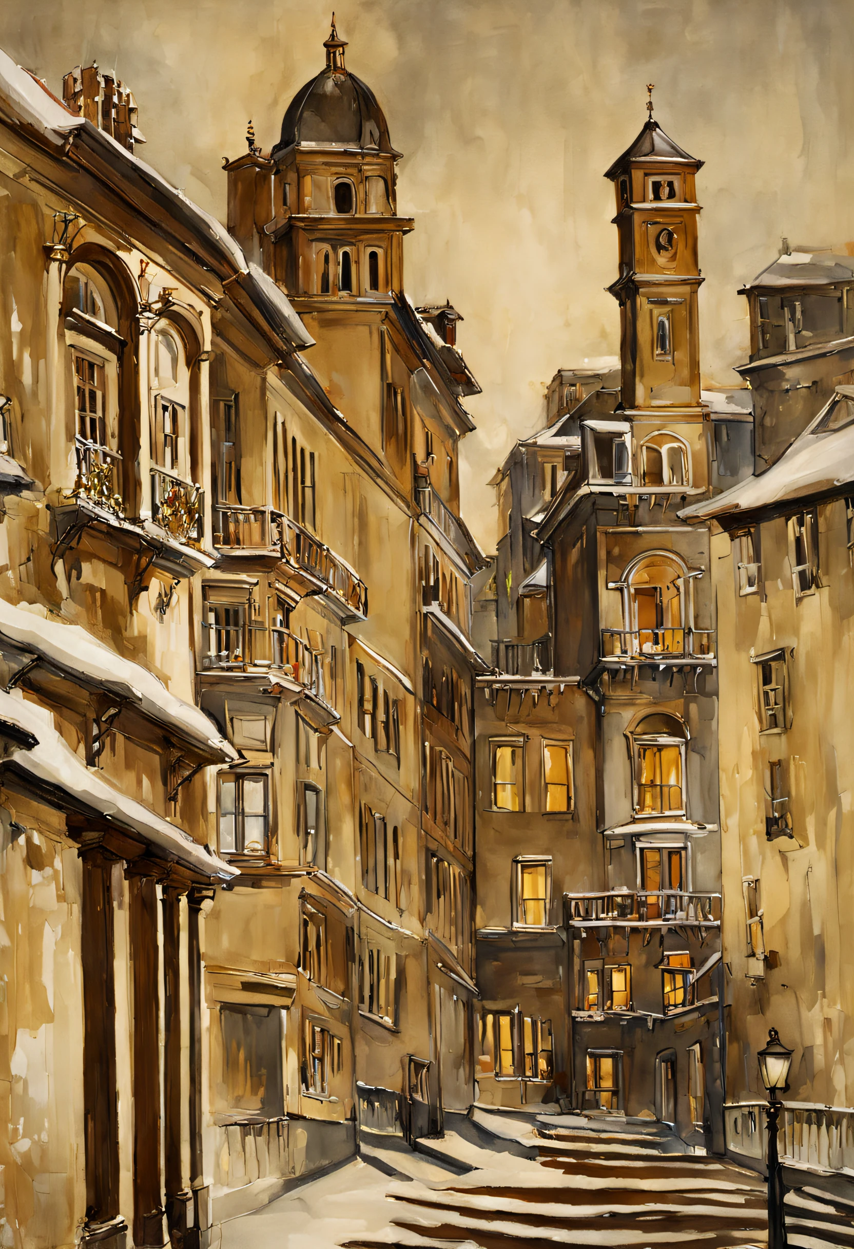 (Aquarell im Sargent-Stil)、(höchste Qualität、Meisterwerk) Nachtlicht , Winter und Schnee , altes Gebäude, elegant und alt , etwas verschlechtert ,