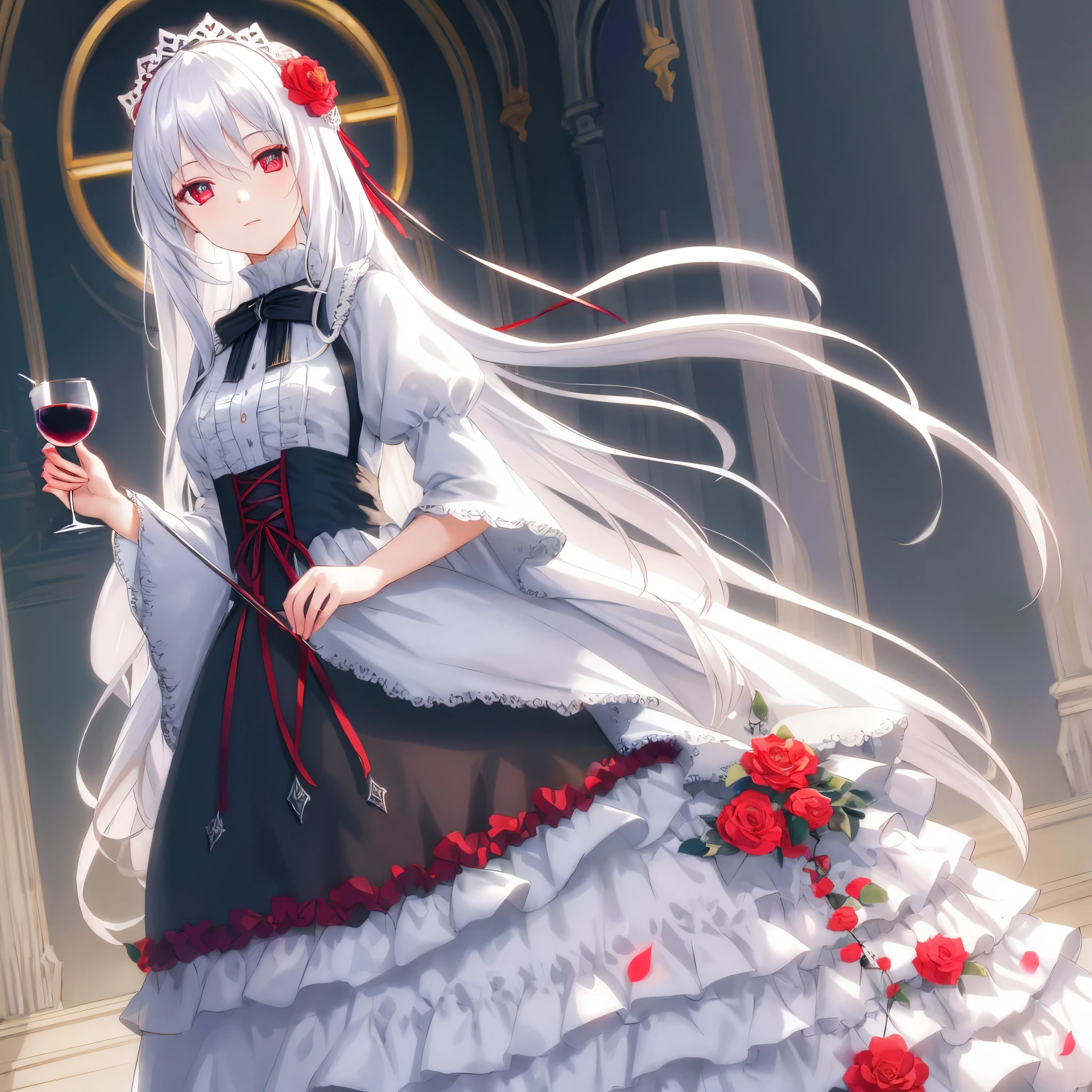 Anime girl in a white dress holding a glass of wine - SeaArt AI