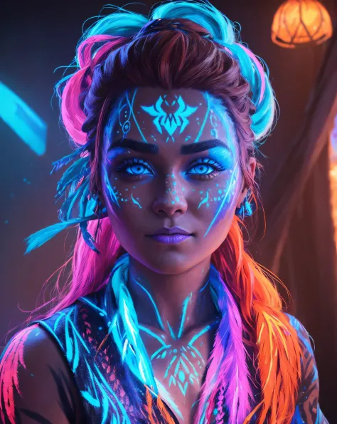 Blacklight painted on Aloy's face, Aloy is a fictional character and protagonist of the 2017 video game Horizon Zero Dawn face, ...