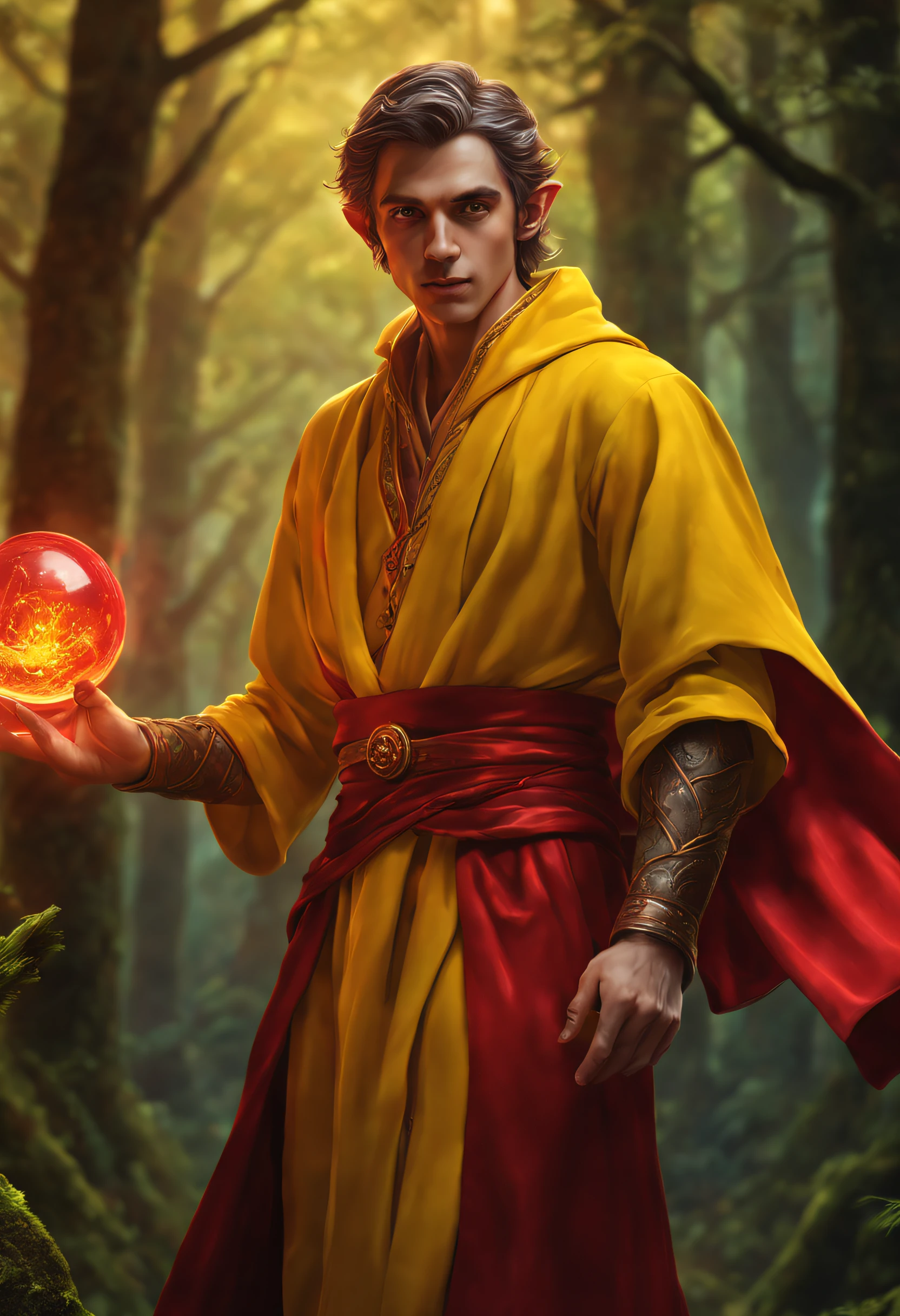 (Best quality,4K,8k,high resolucion,Masterpiece:1.2), Ultra-detailed, Realstic:1.37, Elf male in a yellow robe, Aura rouge puissante, Vibrant colors, Mystical Enlightenment, Tissu fluide, ancient forest paysage, Enchanted atmosphere, expression intrigante, Intricate details, Portrait fantastique, magical atmosphere